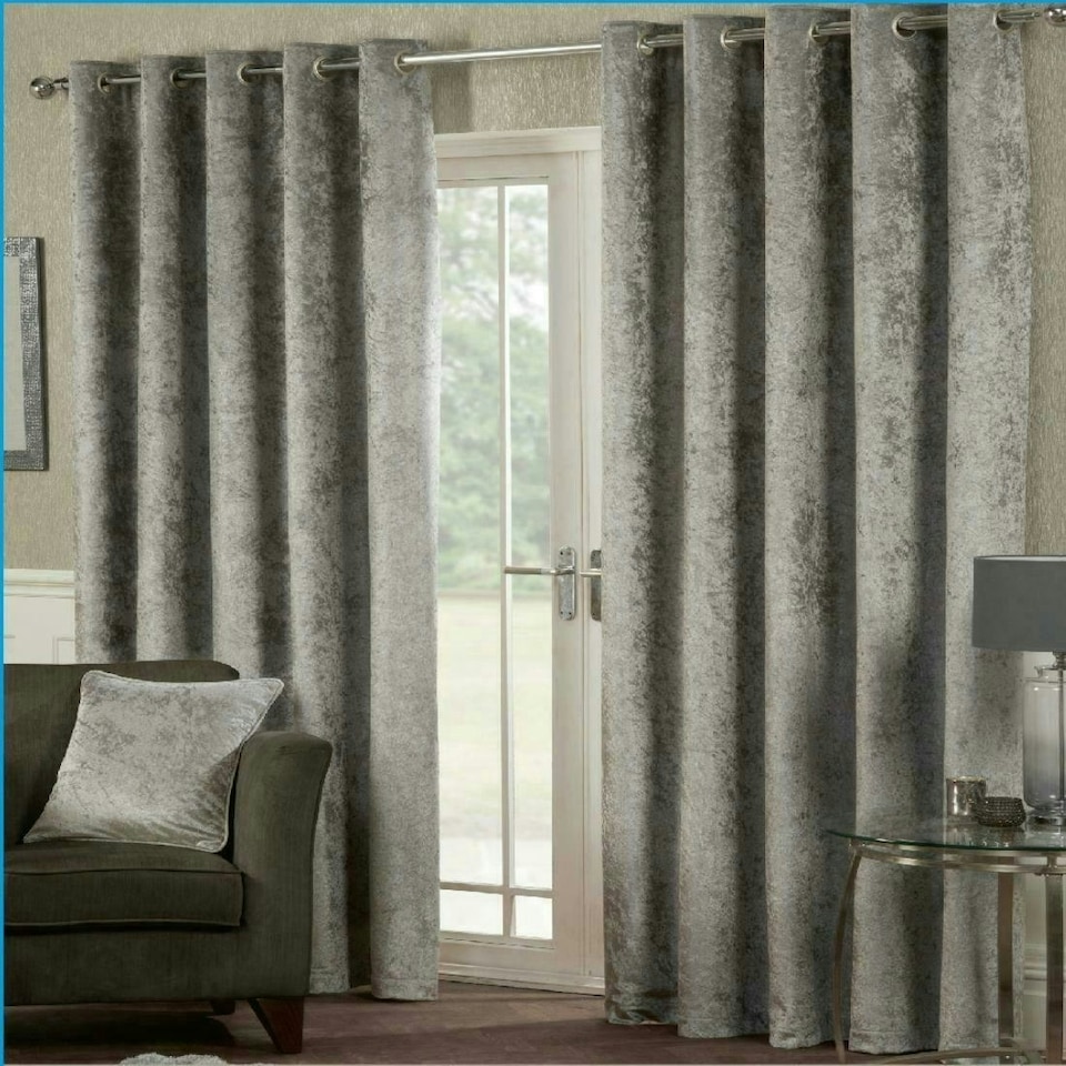 image 1 of Crushed Velvet Eyelet Curtains - Charcoal - 116 cm x 229 cm