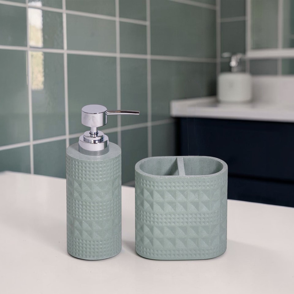 image 1 of Maison Soft Green Shimmer Bathroom Accessory Set - Soap Dispenser & Toothbrush Holder | Green | Green | 1