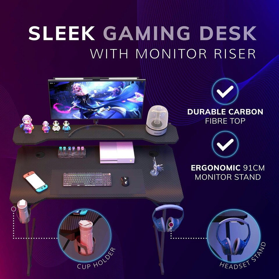 image 1 of House of Home Gaming Desk Carbon Fibre Top Black 118cm Black