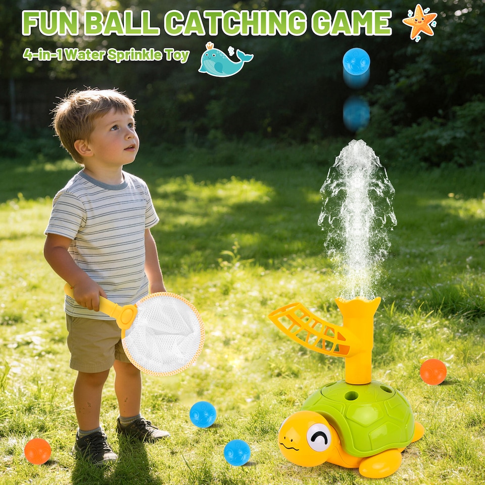 image 1 of Kids Turtle Water Sprinkler Play Set with Rings, Nets & Balls - Outdoor Splash Toy for Toddlers