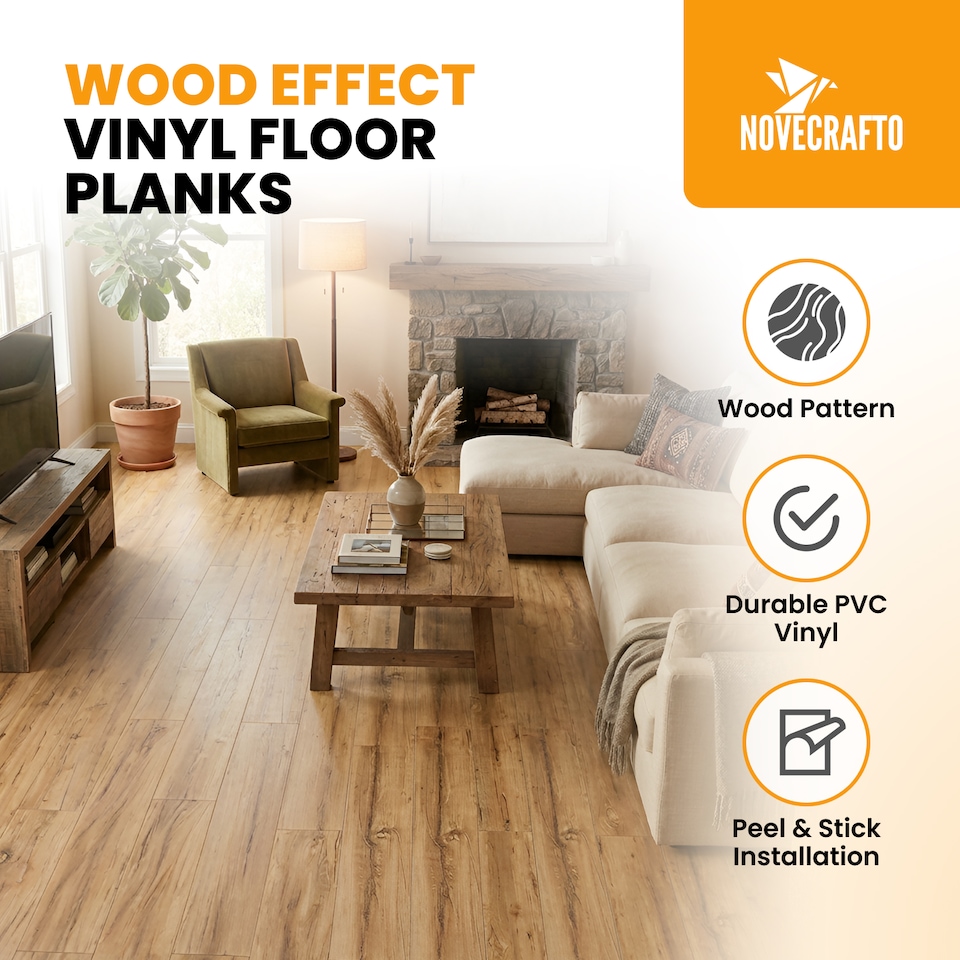 image 1 of NOVECRAFTO Self Adhesive Vinyl Floor Planks – 36x5.98 in (91.4x15.2cm) – Peel & Stick Flooring Tiles – Sandalwood Glow Wood Effect – Pack of Vinyl Tiles | Brown | 0.97 sqm