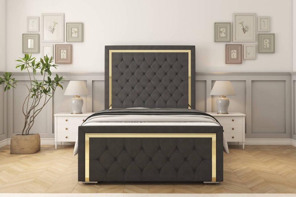 image 1 of Sloomy Sofia Gold Graphite Dumfries Bed Frame With 50" Upholstered Headboard 2'6 Small Single