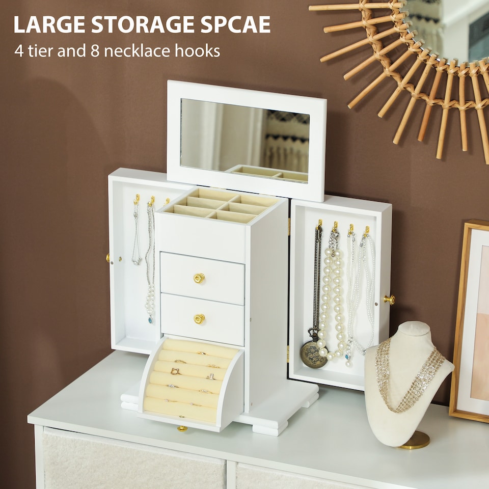 image 1 of HOMCOM 4-Tier Large Jewellery Box with Mirror and 3 Drawers, White