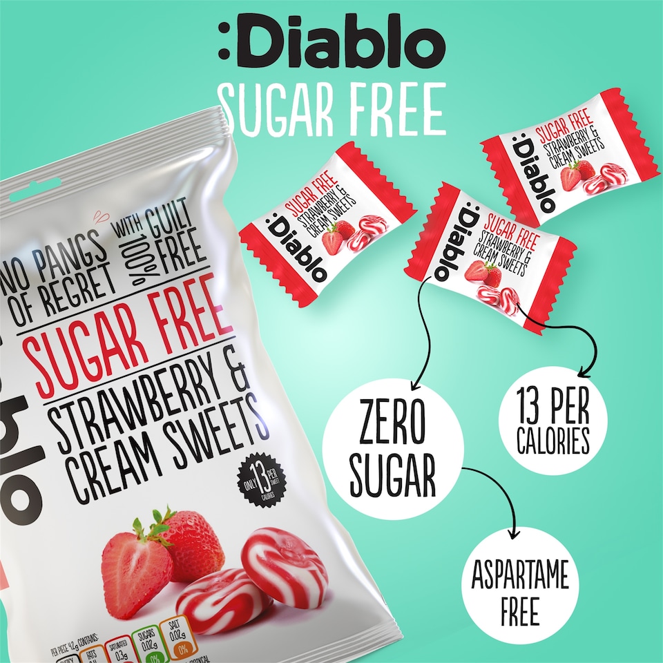 image 1 of Diablo Sugar Free Strawberry and Cream Sweets 75g 6 Pack