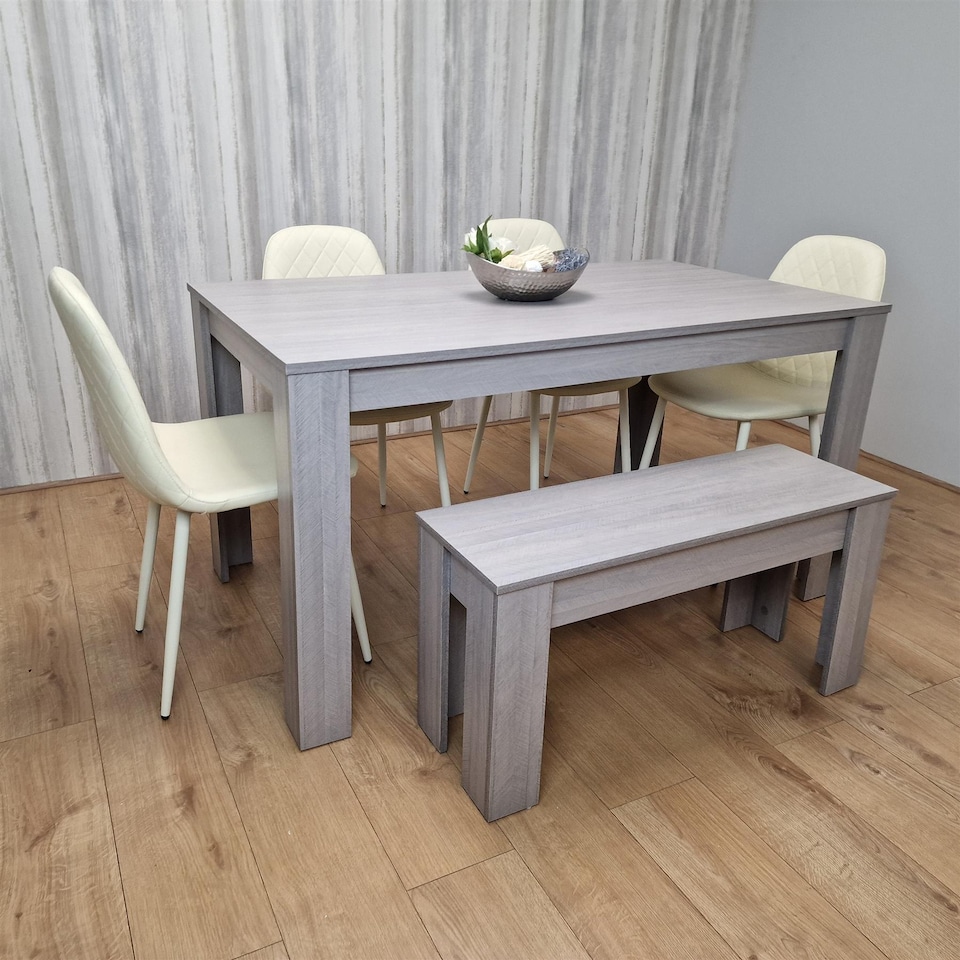image 1 of Modern Grey Rectangle Dining Table Set With 4 Cream Gem Chairs And 1 Bench Dining Room Furniture | Cream | One Size | 6