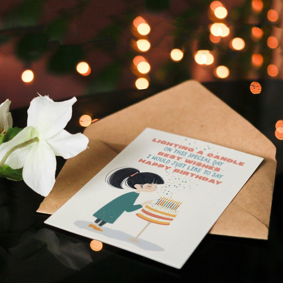 image 1 of Birthday Card Girl With Cake Lighting Candle Best Wishes Poem