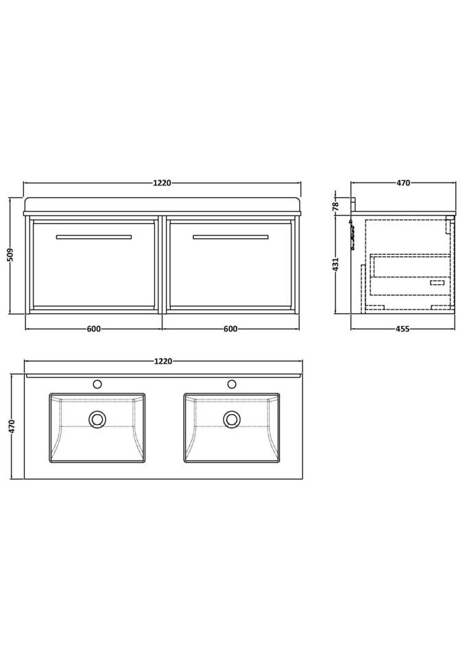 image 1 of Balterley Wall Hung Vanity Unit with Marble Worktop and Double Basins | Grey | Pebble Grey | 509 x 1220 x 470mm