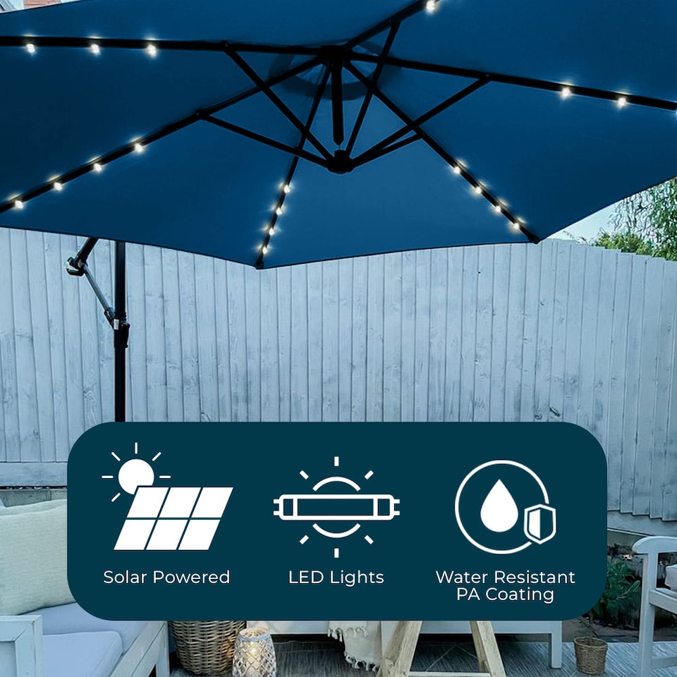 image 1 of JSH Apollo Banana Cantilever Parasol with Built in LED Lights for Garden Patio Sunshade - Navy Blue