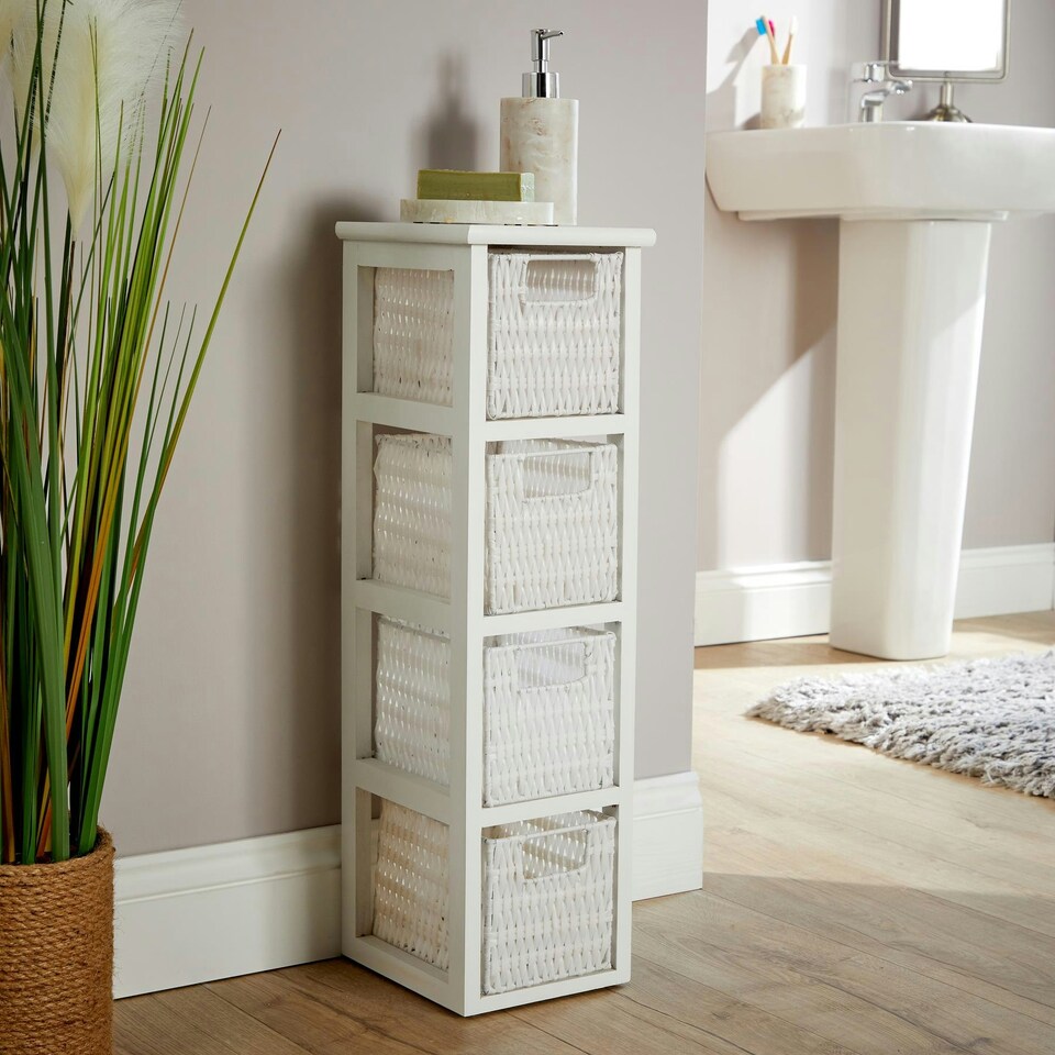 image 1 of White Chest 4 Rattan Storage Drawers Bathroom Home Organiser Fully Assembled White