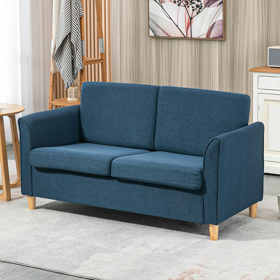 image 1 of HOMCOM Double Seat Sofa Linen Upholstery Loveseat Couch w/ Armrests, Blue