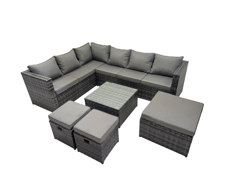 image 1 of Fimous Rattan Garden Furniture Patio Furniture Sets with Corner Sofa Square Coffee Table 3 Footstools Dark Grey Mixed