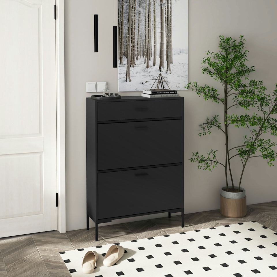 image 1 of HOMCOM Shoe Storage Cupboard with 2 Flip Doors and Sliding out Drawer, Black