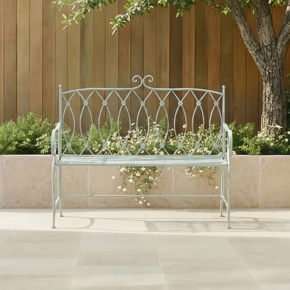 image 1 of Charles Bentley Decorative Wrought Iron Outdoor Rustic Bench - Sage Green