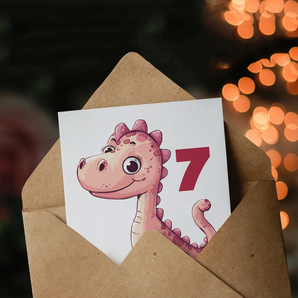 image 1 of Cute Pink Dinosaur Cartoon Age 7 Year Old Child Kids 7th Birthday Card