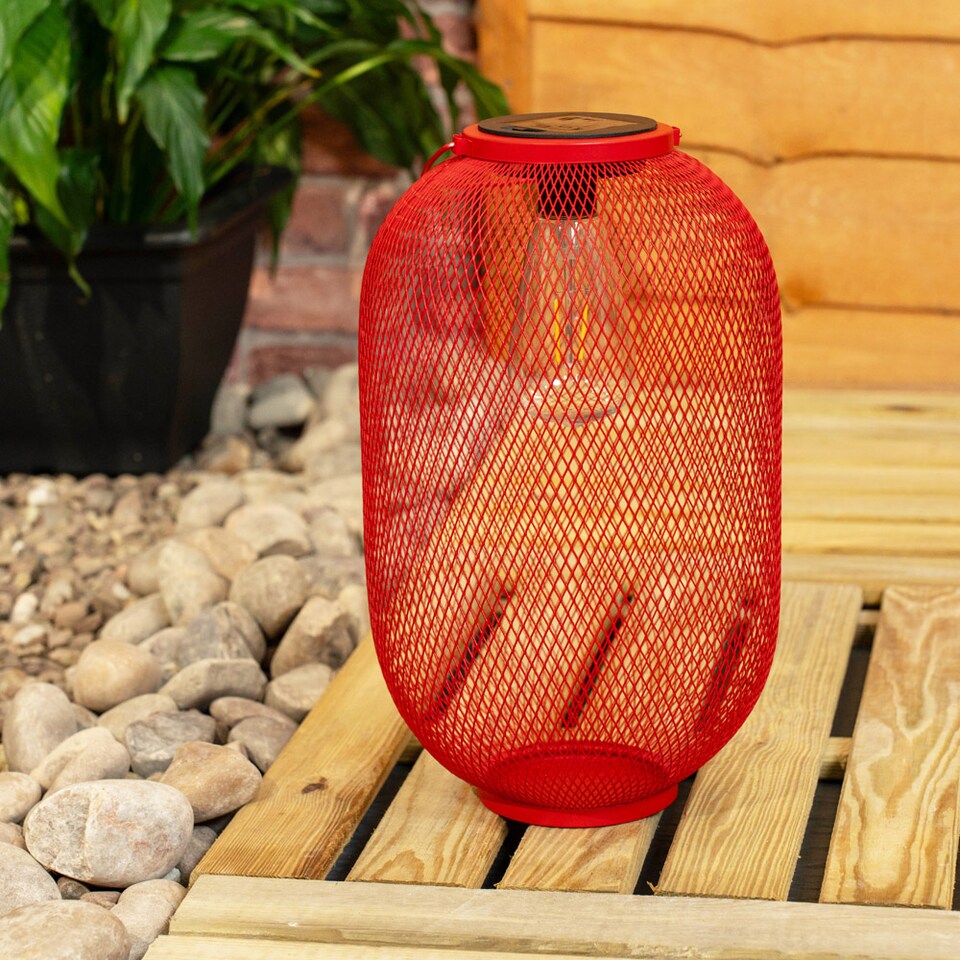 image 1 of ValueLights Solar Powered Outdoor Red Metal Mesh Basket Garden Lantern Light