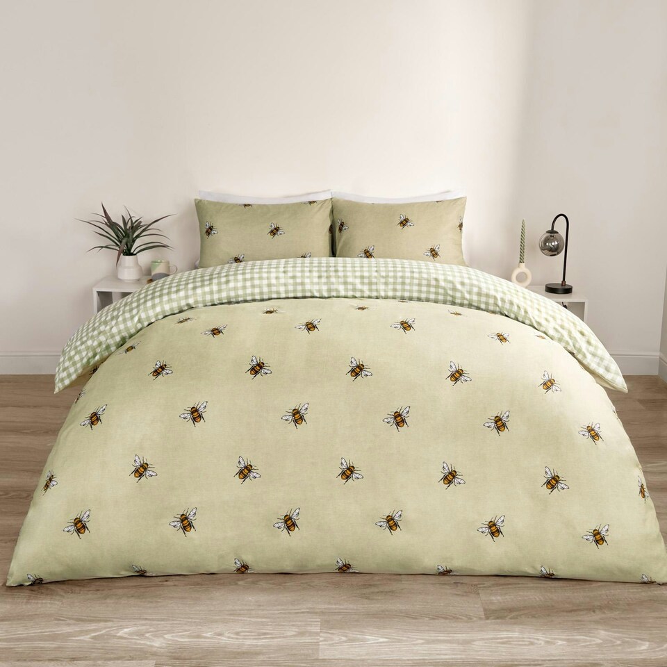 image 1 of OHS Bee Check Reversible Print Duvet Quilt Cover Bedding Set, Double - Sage Green
