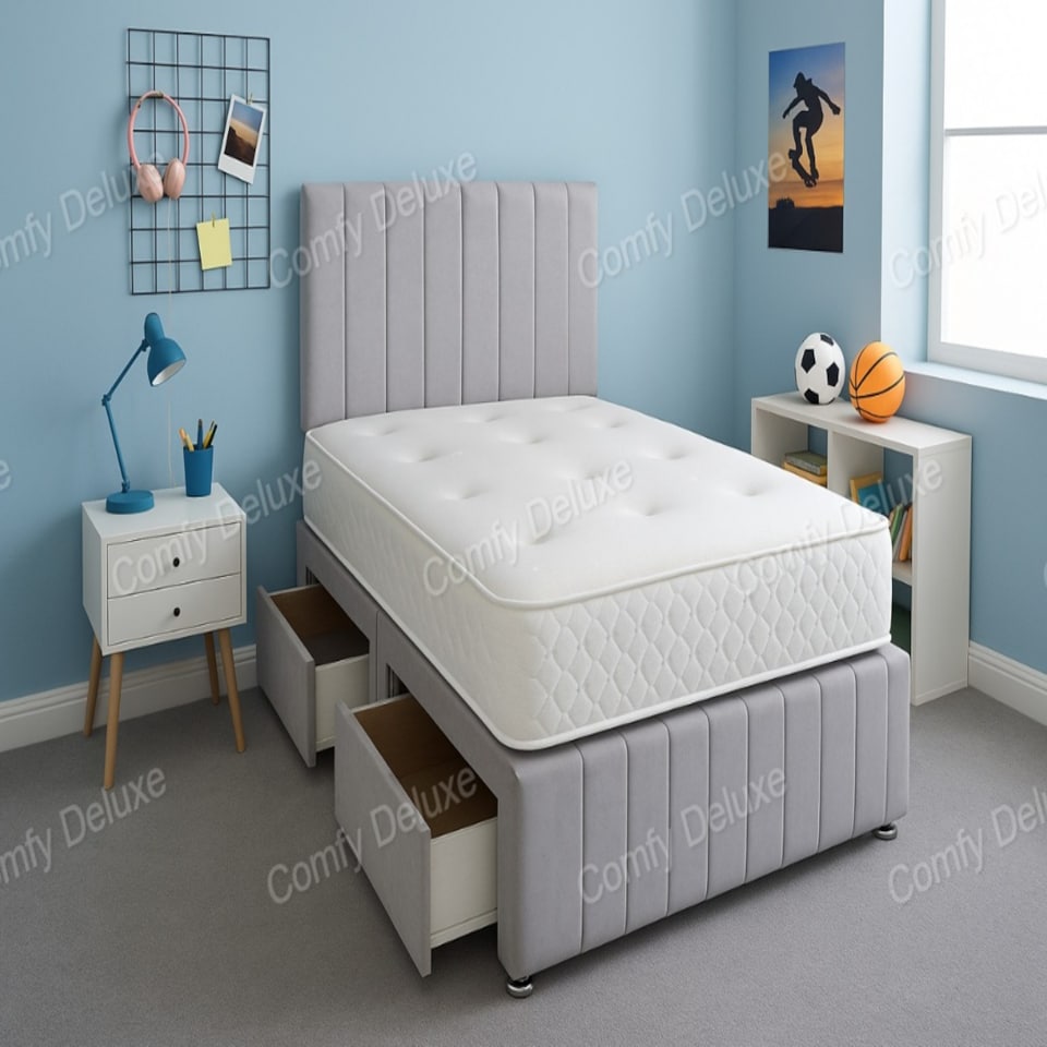 Silver Plush 6ft Superking  Divan Bed Set Headboard & Footboard - 2 Drawers Right Side Laying in Bed
