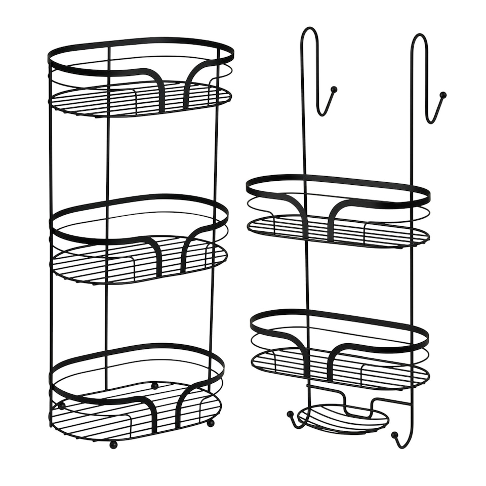 image 1 of Showerdrape Dante Black Freestanding Floor Caddy and 2 Tier Over Door Hook Shower Caddy | Black | Black | 1