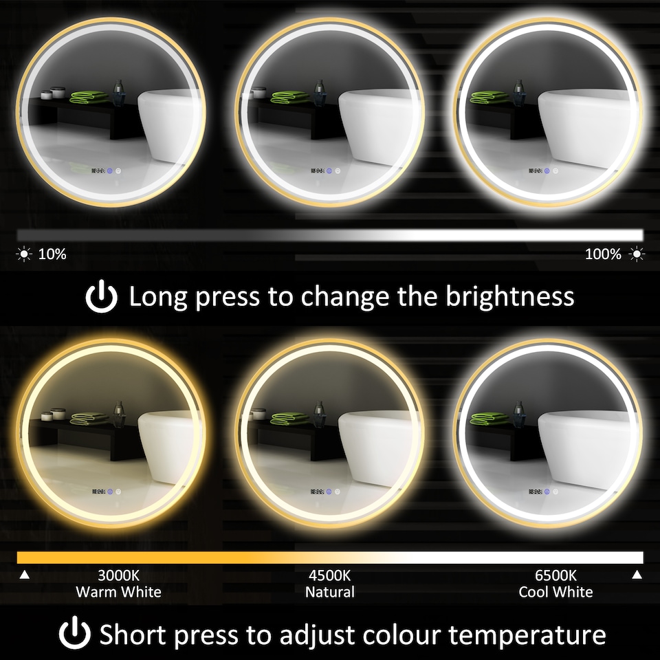 image 1 of HOMCOM 800mm Round Bathroom Mirror with LED Lights, Wall Mounted Backlit Illuminated Bathroom Mirror with Demister, 3 Colours Dimmable, Memory Function, Touch Switch, Time and Temp Display, Gold Tone