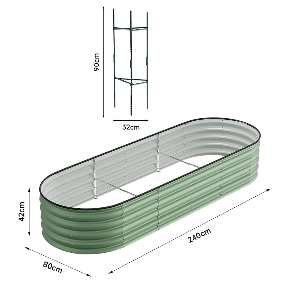 image 1 of Living and Home 2.4m Gardens Bed Oval-Shaped Galvanized Steel Garden Planter With Plant Support Trellis, Light Green | Green | Light Green | 240cm W x 80cm D x 42cm H