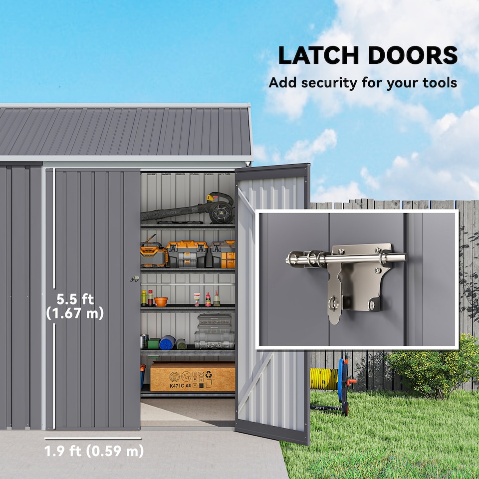 image 1 of Outsunny 8 x 6 ft Garden Shed, Metal Shed with Double Doors, Window and Air Vents, Galvanised Outdoor Lockable Tool Storage House, Grey