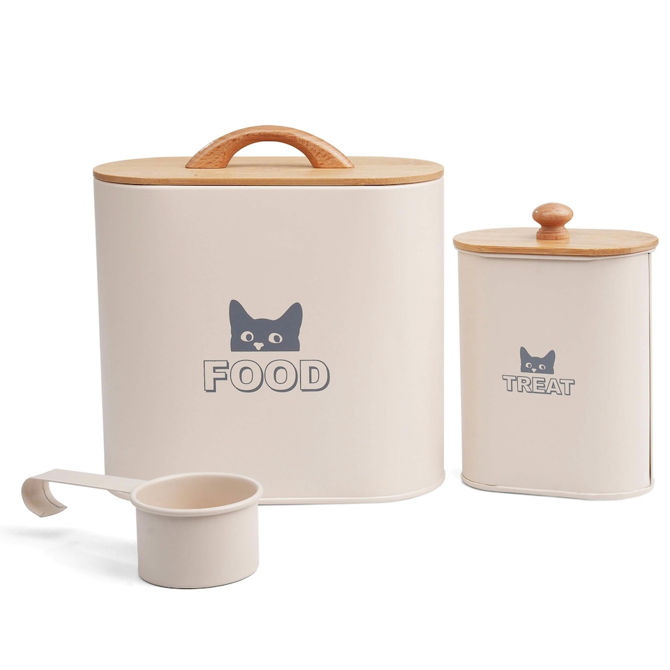 image 1 of CAT FOOD STORAGE CONTAINER WITH SCOOP DRY FOOD TIN RETRO VINTAGE WOODEN LID Cream | Cream