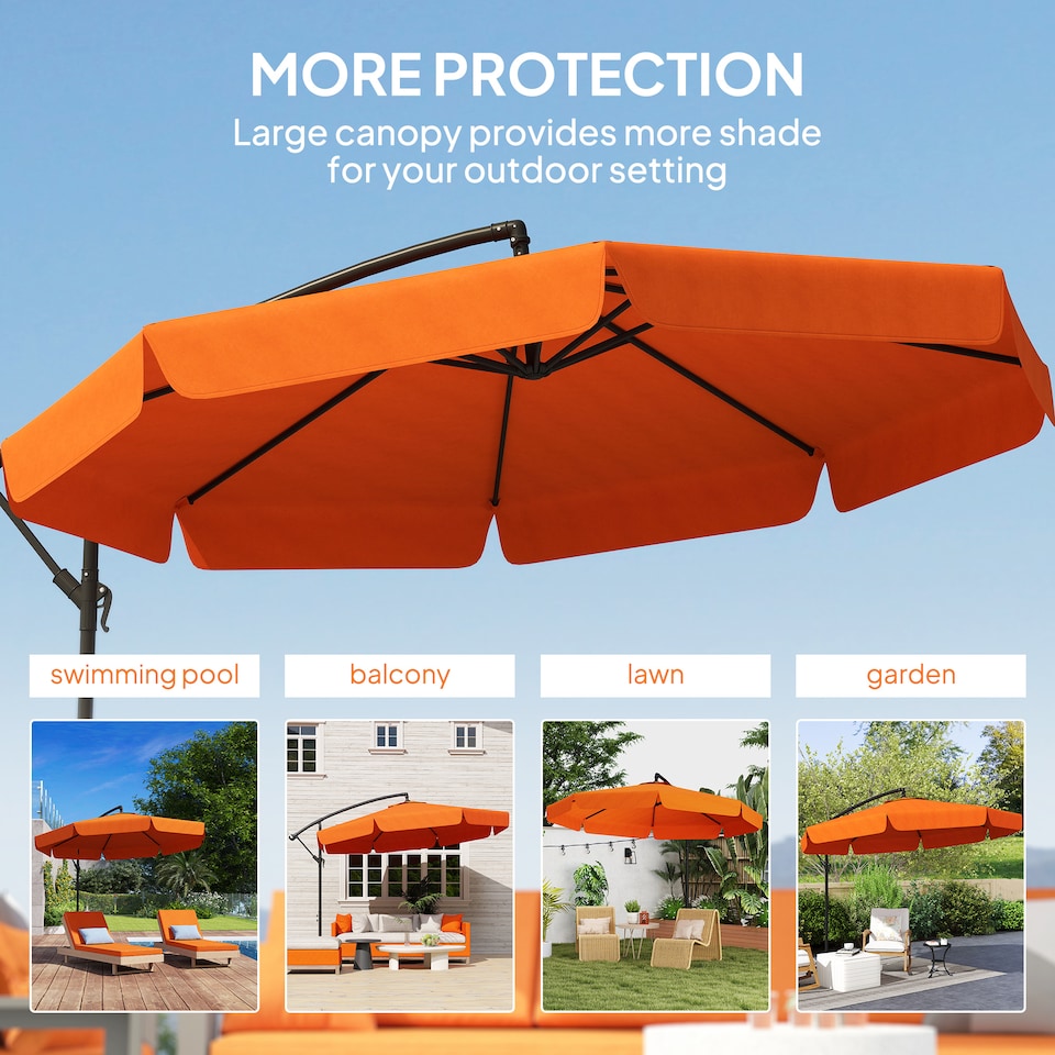 image 1 of Outsunny 2.7m Garden Banana Parasol Cantilever Umbrella with Crank Handle and Cross Base for Outdoor, Hanging Sun Shade, Orange | Orange | Orange