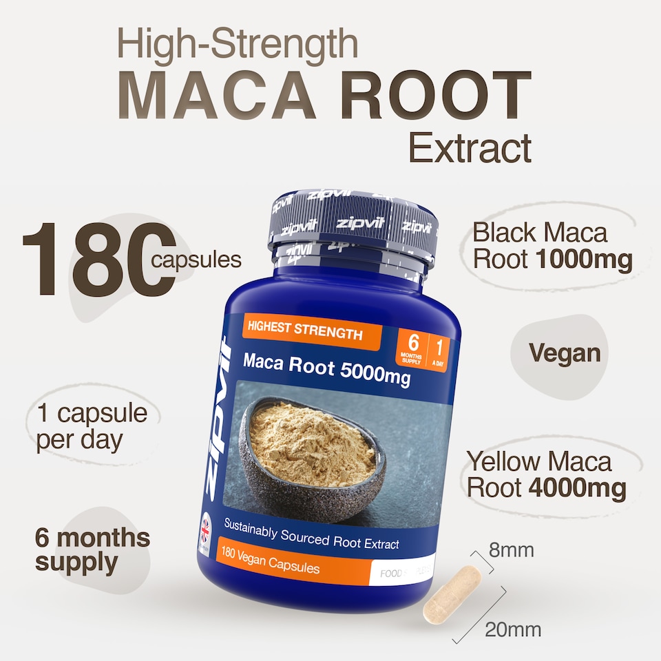 image 1 of Zipvit Maca Root 5000mg, Black & Yellow Blend, 180 Vegan Capsules, 6-Month Supply