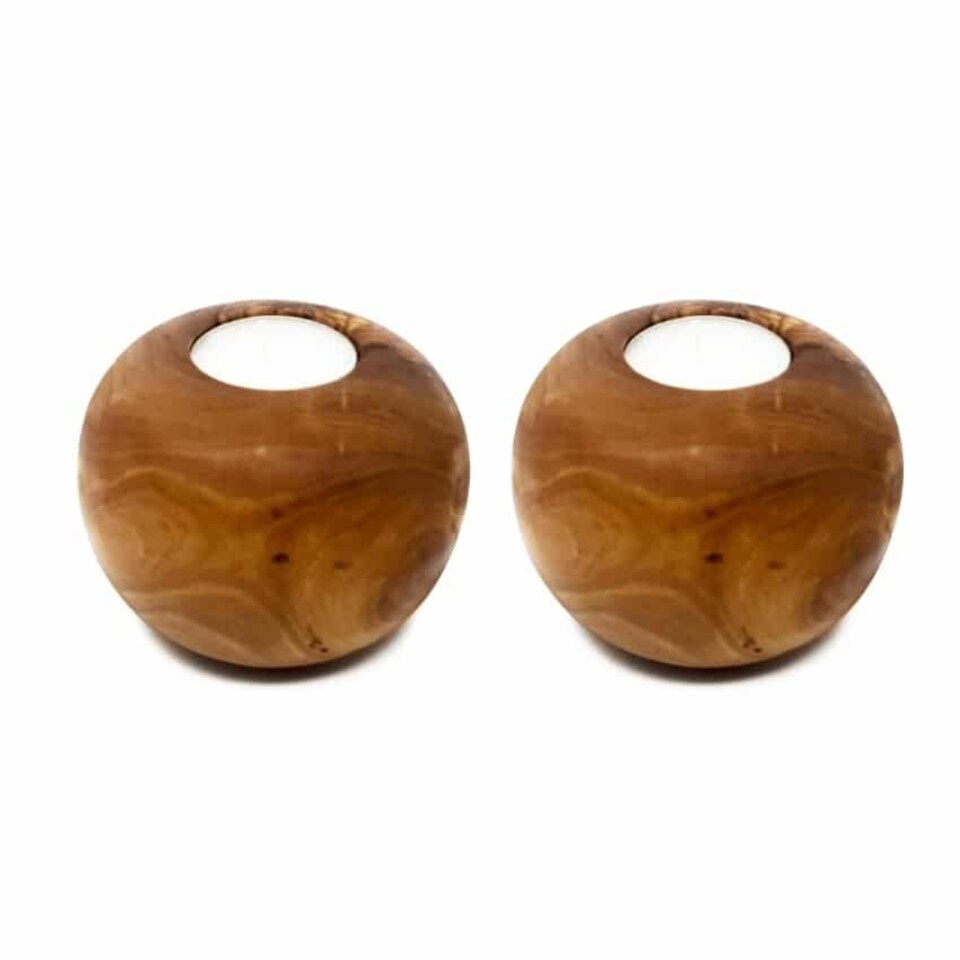 image 1 of Verano Spanish Ceramics Olive Wood Set of 2 Rustic Tea Light Balls - 8.5cm Brown