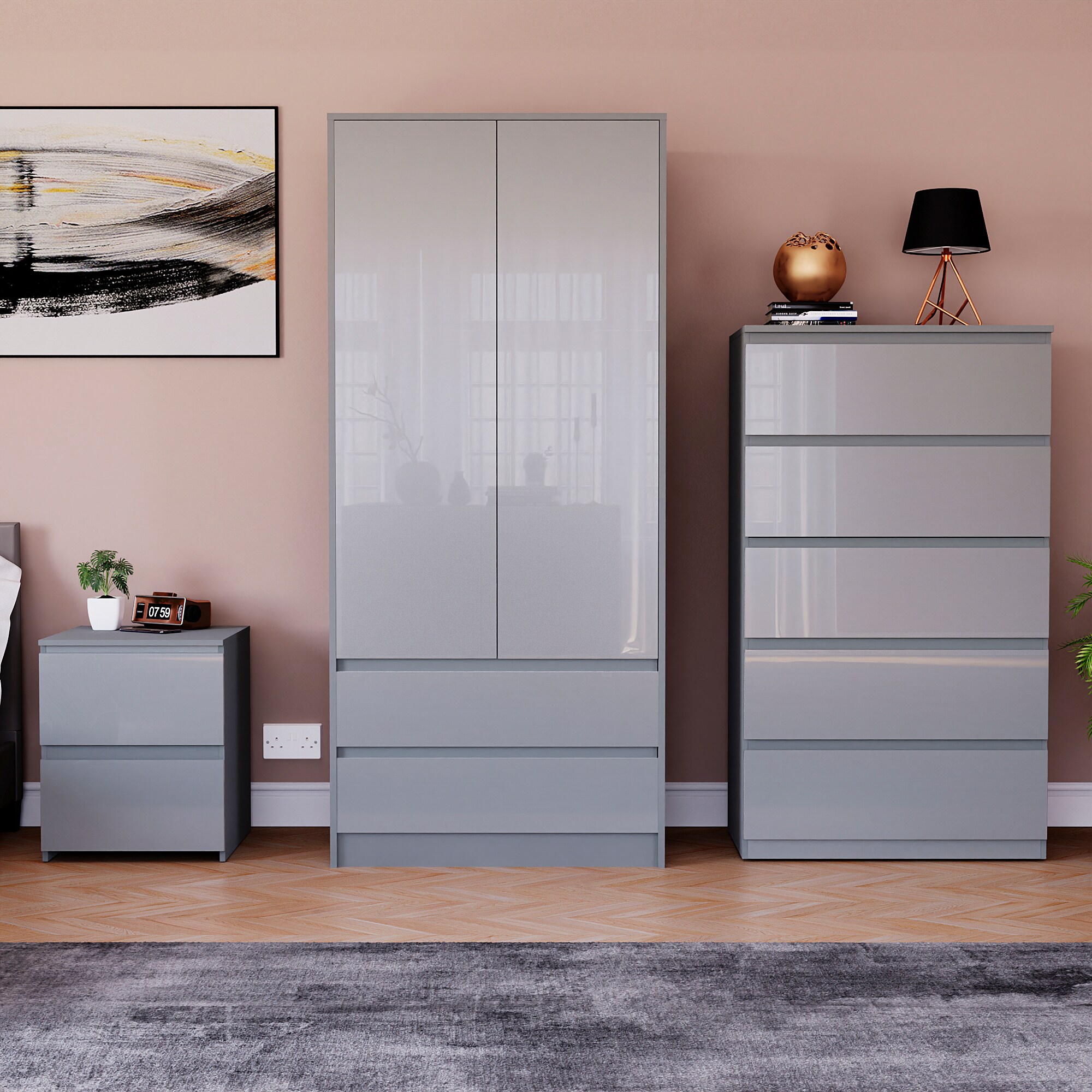 Vida Designs Glinton 3 Piece FSC Certified Bedroom Set (2 Drawer Bedside Chest, 5 Drawer Chest, 2 Door 2 Drawer Wardrobe), Grey Grey Grey