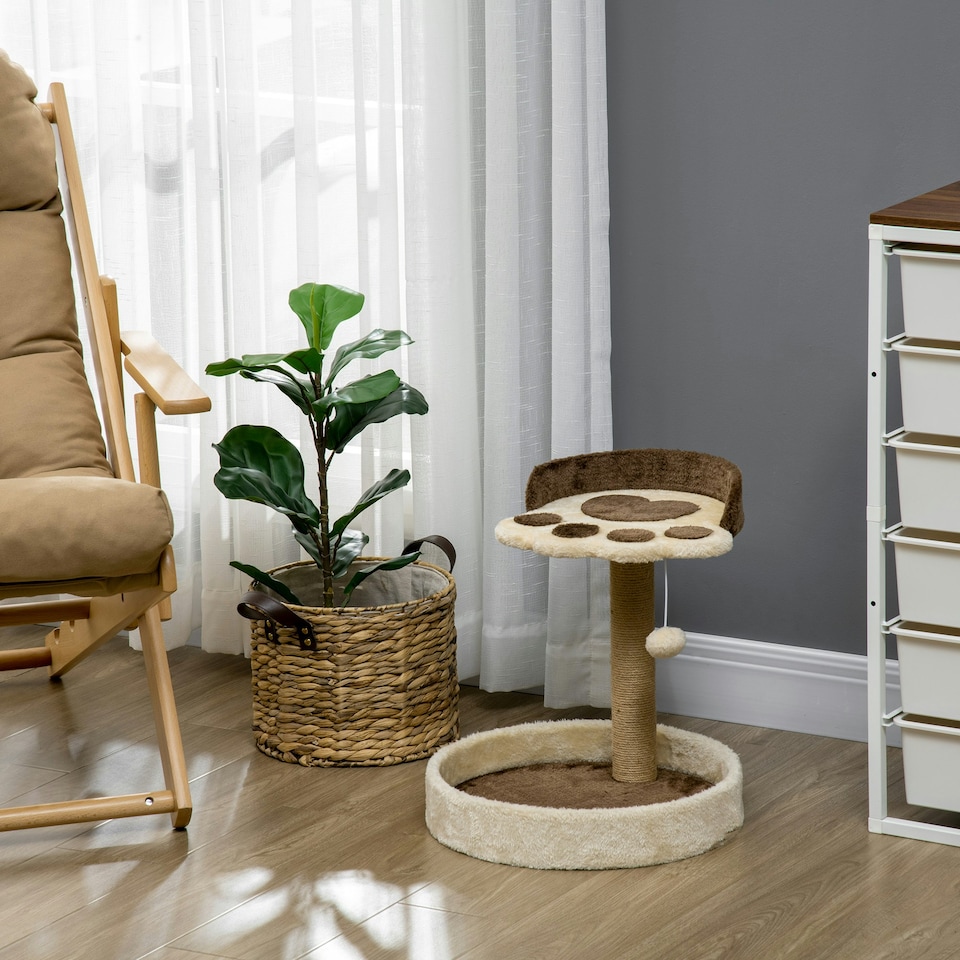 image 1 of PawHut 44cm Cat Tree Tower with Scratch Post, Platforms, Ball, Brown