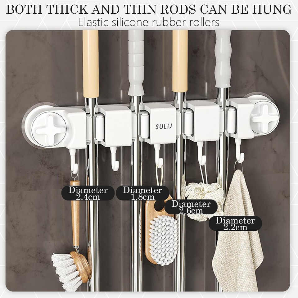 Broom Holder, Wall Mounted Self Adhesive Broom & Mop Holder with 4 ...