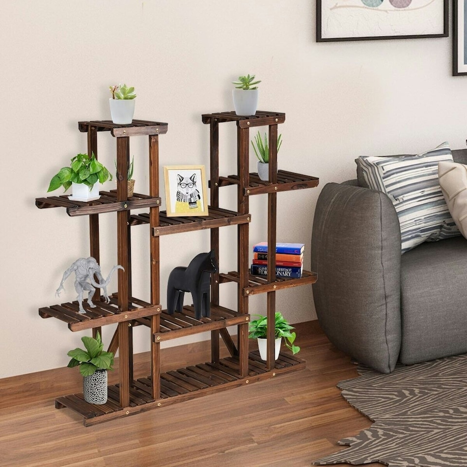image 1 of COSTWAY 9 Tier Wood Plant Stand Display Rack Flower Shelf Brown