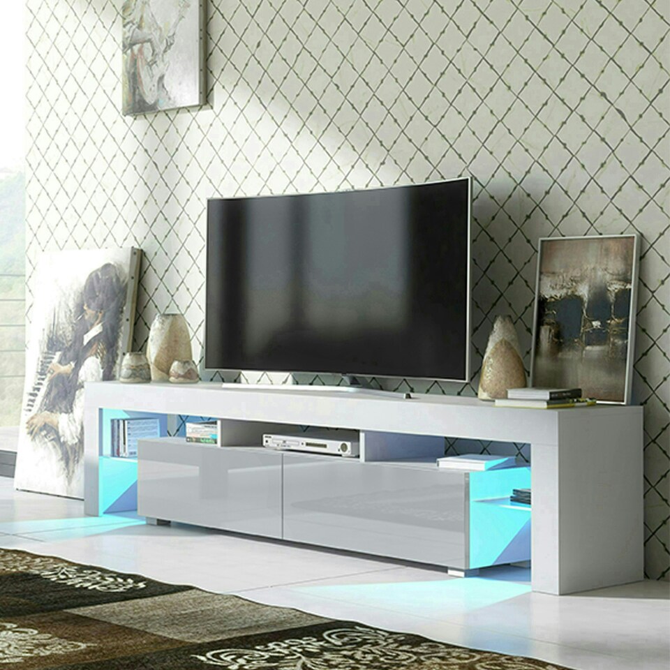 image 1 of TV Unit 200cm Grey Gloss Doors Oak Matt Frame Modern Media Cabinet White | Grey
