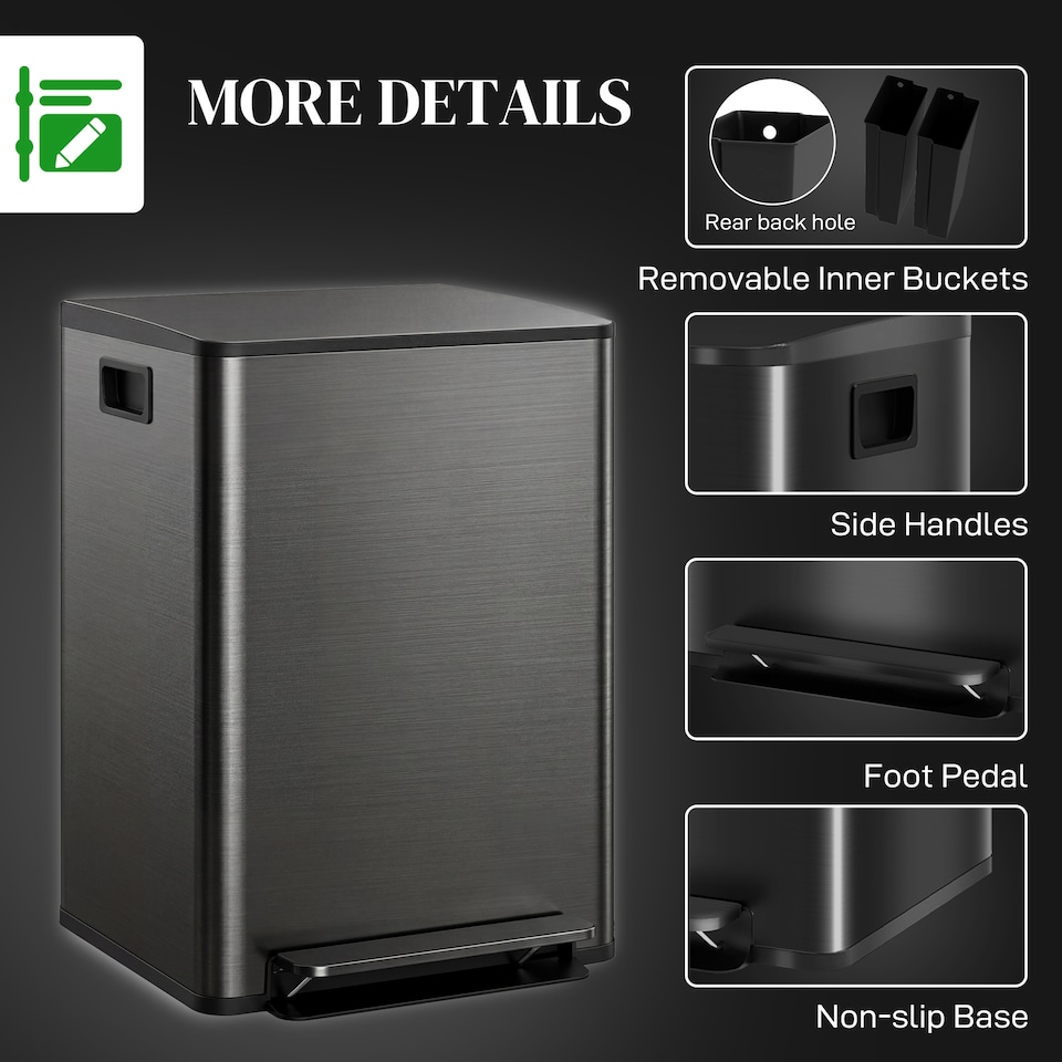 image 1 of HOMCOM 2 x 30L Double Kitchen Bin, Pedal Bin with Soft-Close Lid, Black