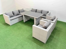 Fimous 8 Seater Wicker PE Rattan Furniture Outdoor Dining Table 3 Seater Sofa Armchair Set with Side Table Light Grey