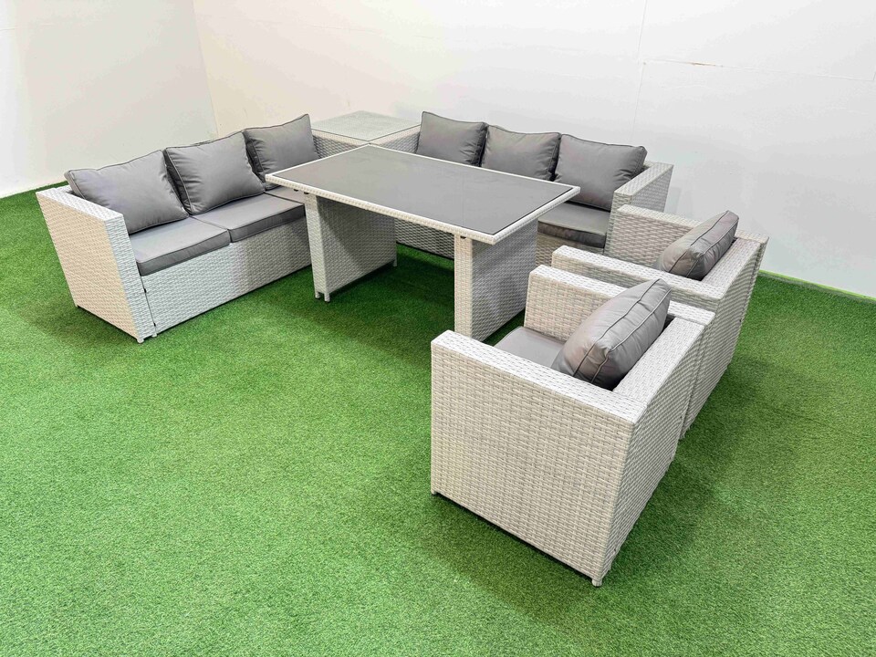 image 1 of Fimous 8 Seater Wicker PE Rattan Furniture Outdoor Dining Table 3 Seater Sofa Armchair Set with Side Table Light Grey