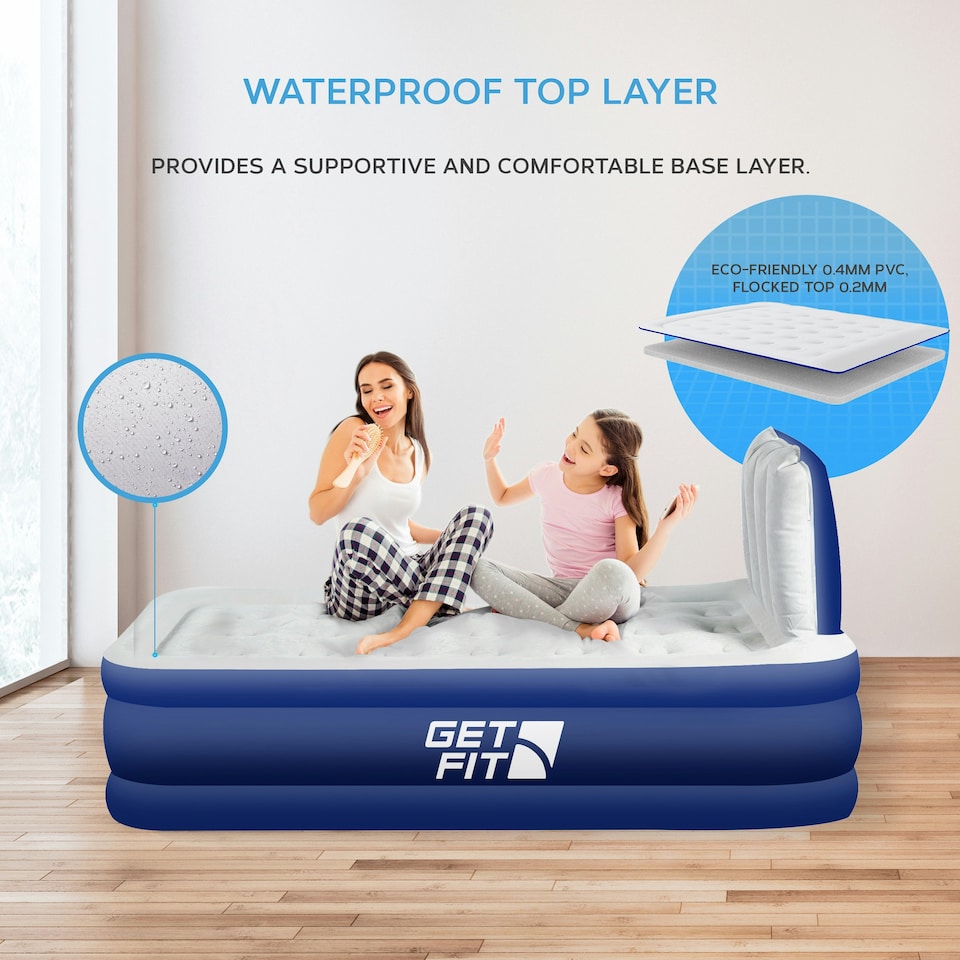 image 1 of Get Fit Air Bed With Built In Electric Pump - Premium Single Airbed - Quick Blow Up Bed With Headboard & Inflatable Pillow - Elevated Air Mattress - Navy/White