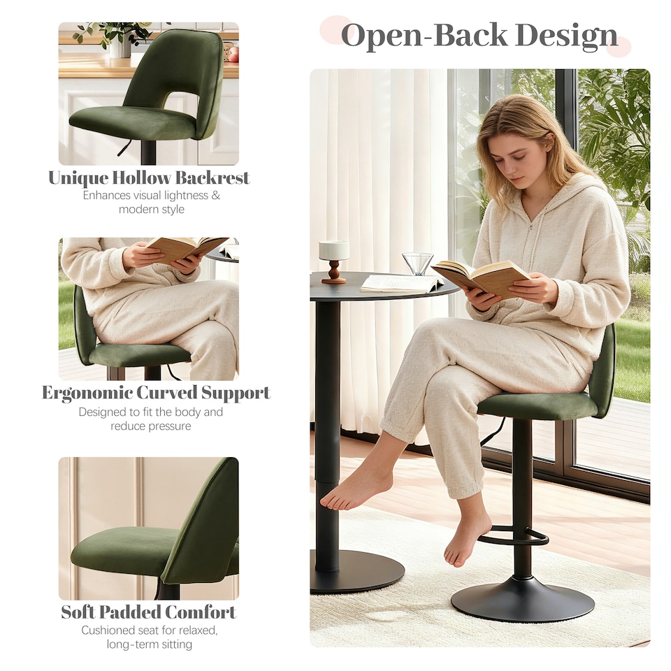 image 1 of SONARA Set of 3 Adjustable Velvet Upholstered Breakfast Bar Stools | Green