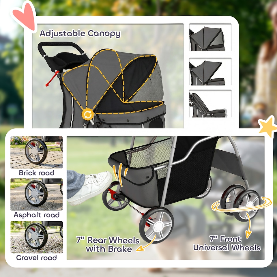 image 1 of PawHut Pet Stroller Carrier Foldable Deluxe Walk Travel Dog, Dark Grey | Grey | Dark Grey