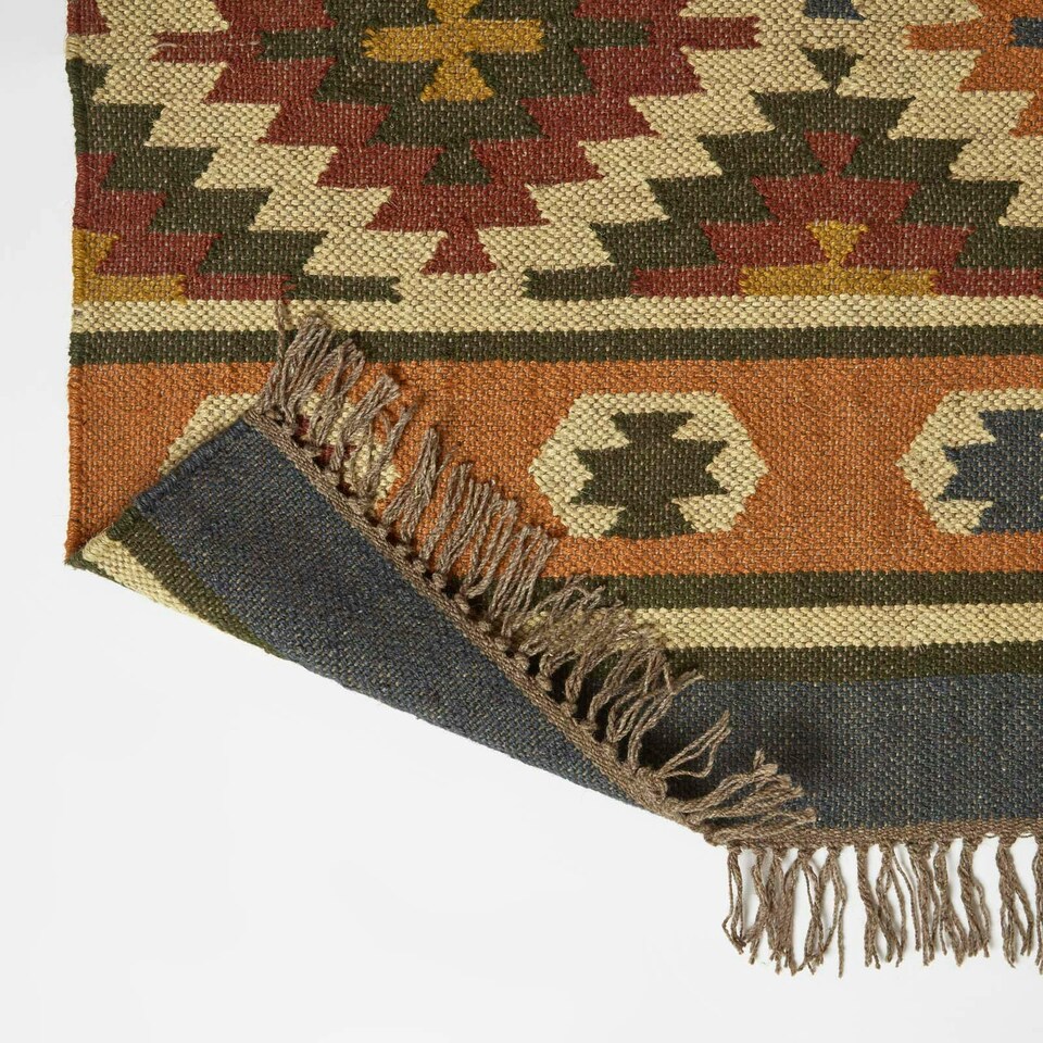 image 1 of Homescapes Lucea Orange and Blue Kilim Wool Rug - 90 x 150 cm Orange | 90 x 150 cm