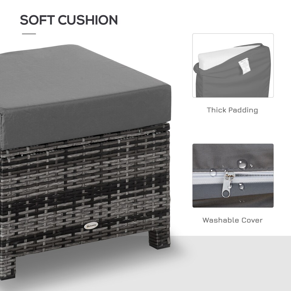 image 1 of Outsunny Rattan Footstool Wicker Ottoman with Padded Seat Cushion Outdoor Patio Furniture for Garden Poolside Living Room, 50 x 50 x 35 cm, Grey