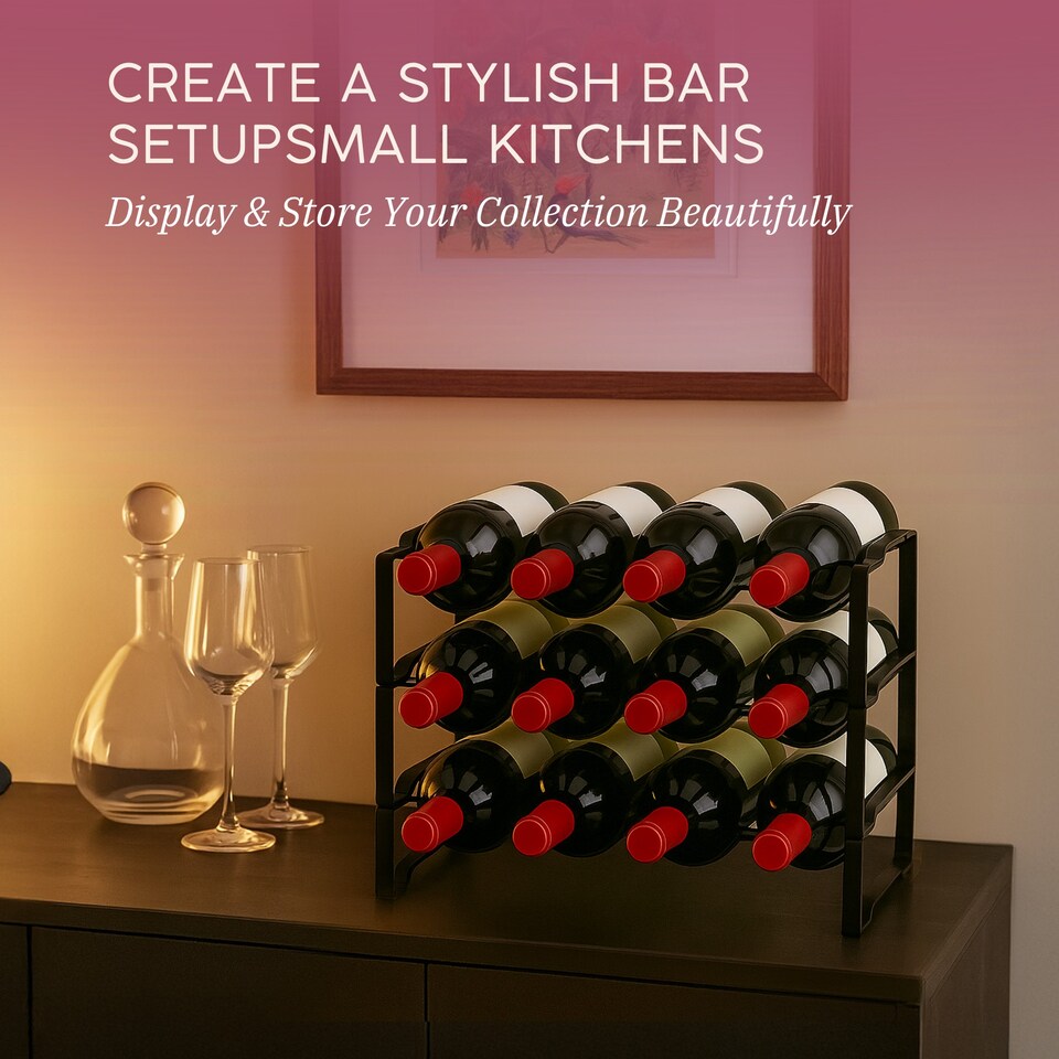 image 1 of Straame Black 3 Tier Metal Wine Rack – Stackable Bottle Rack for Wine Storage