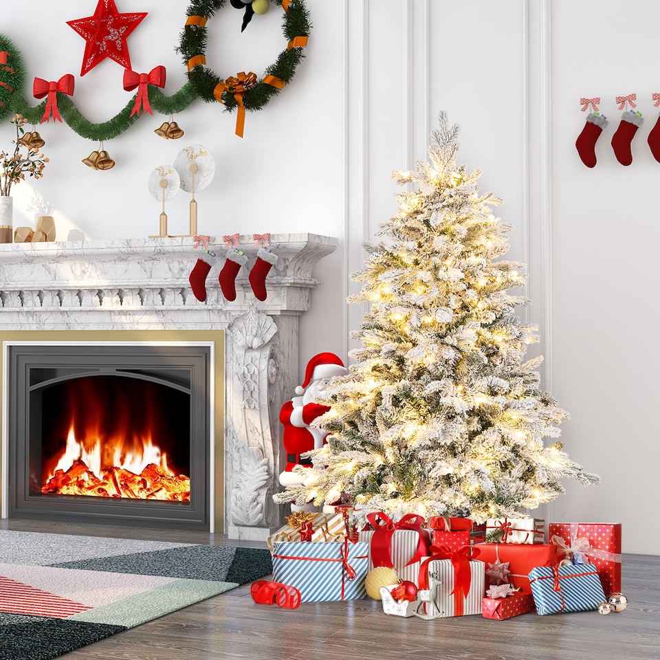 image 1 of COSTWAY 4.5FT Pre-lit Artificial Christmas Tree Hinged Flocked Xmas Tree with LED Lights