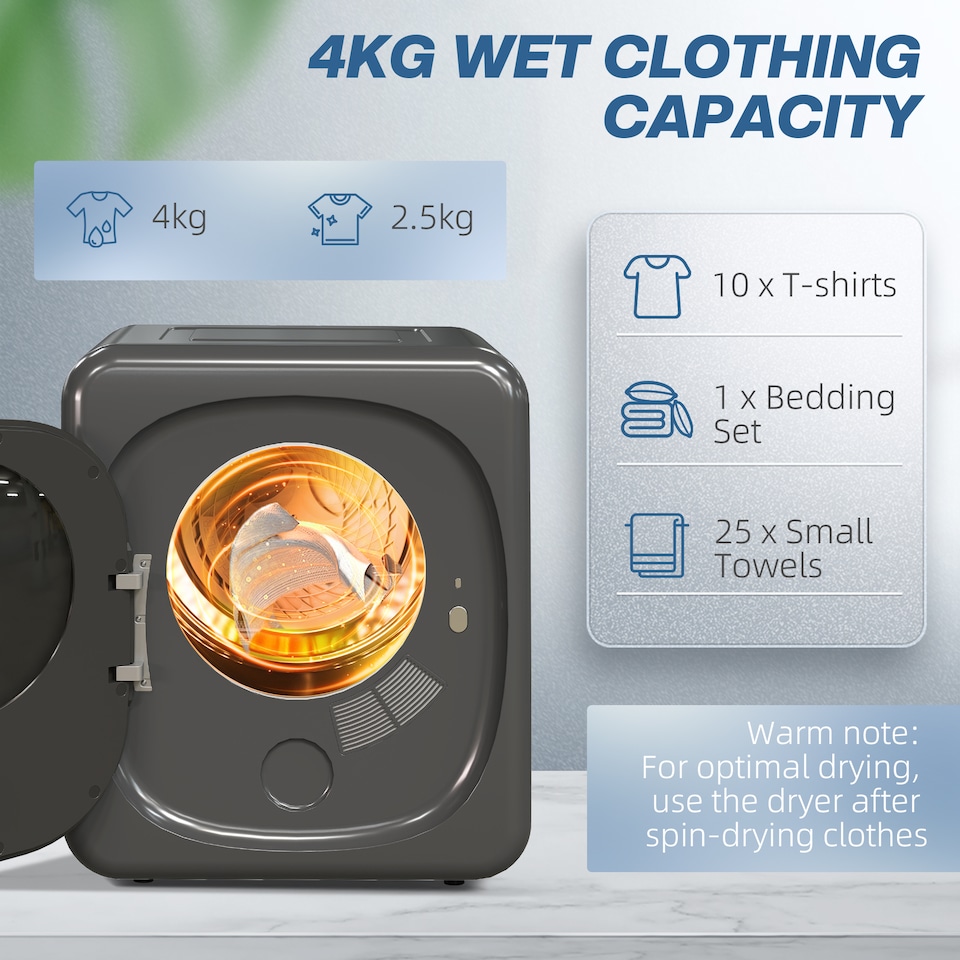 image 1 of HOMCOM 2.5 kg 800W Vented Tumble Dryer with Deodorize, Smart Mode, Grey