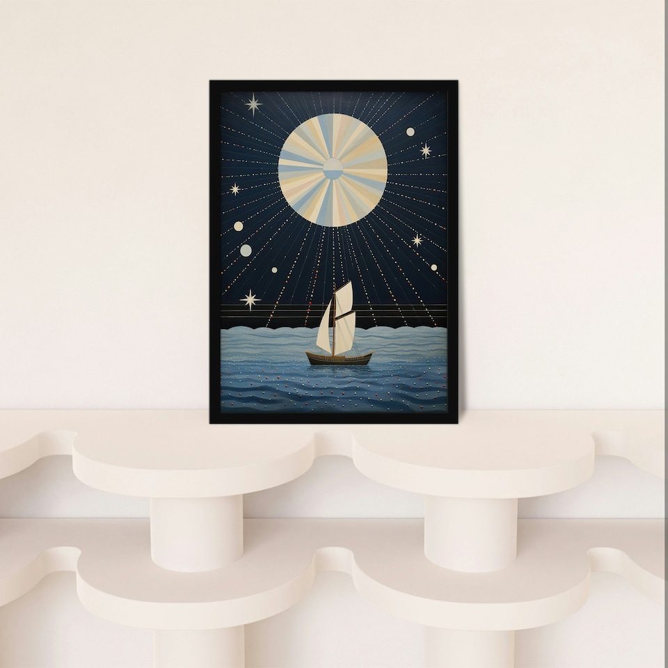 image 1 of Sailing Into Moonlight Boat Full Moon Home Decor Black Framed Wall Art Print A4