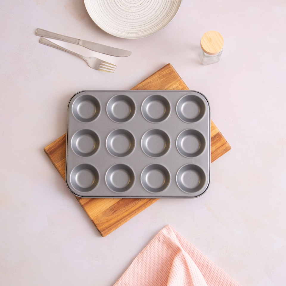 image 1 of BetterWare Essentials 12 Cup Non-Stick Bun Tin | Low-Carbon Steel | Dishwasher & Freezer Safe | Stackable Design