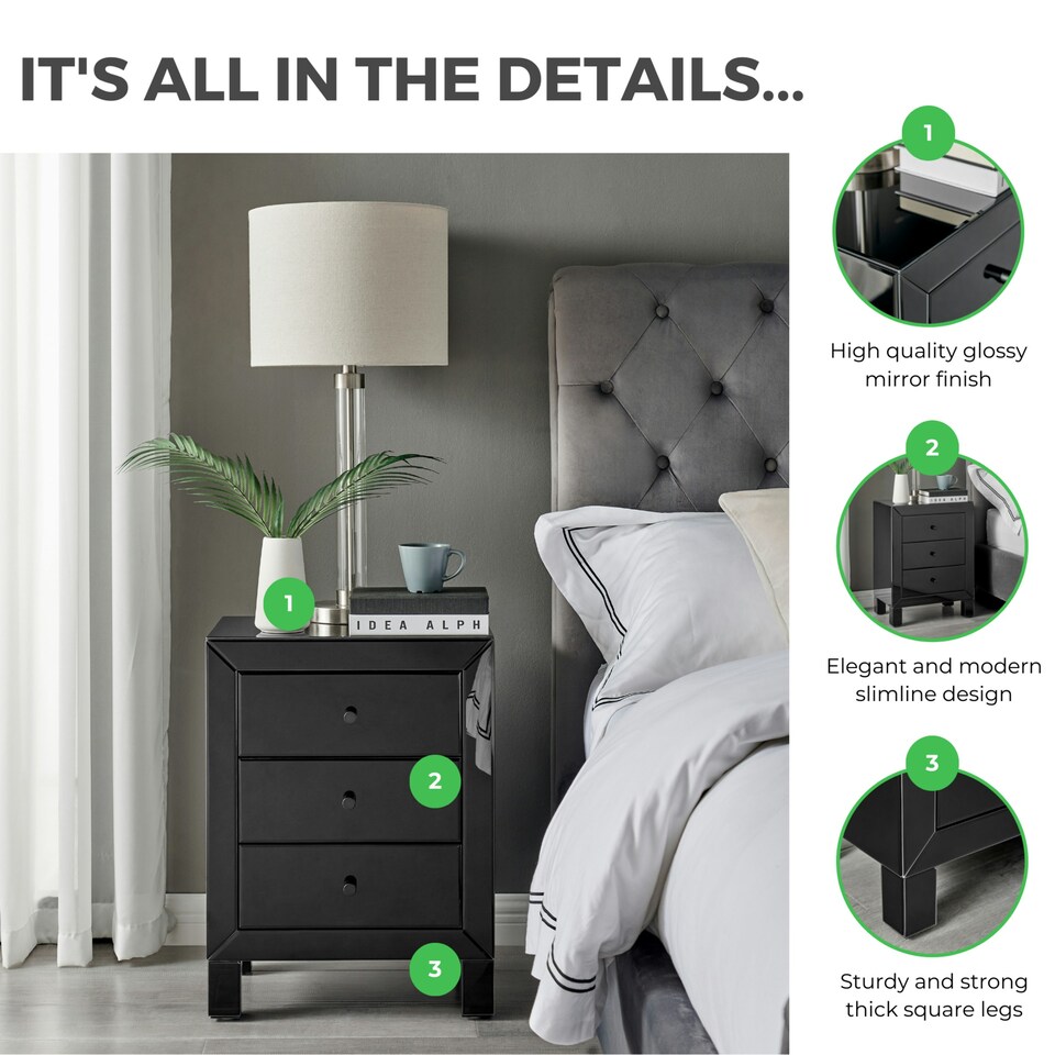 image 1 of Furniturebox Lexi Large Black Mirrored Bedside Table with 3 Drawers