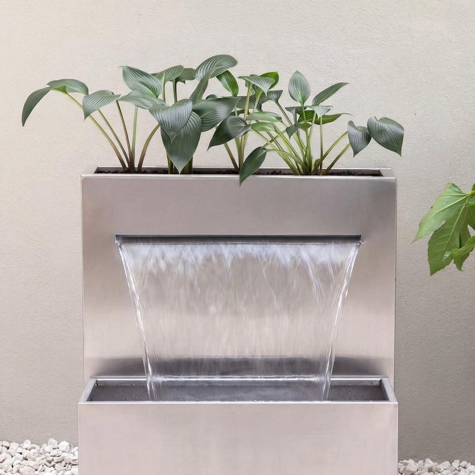 image 1 of Planter & Waterfall Cascade Silver Stainless Steel Outdoor Water Feature with Lights H89cm