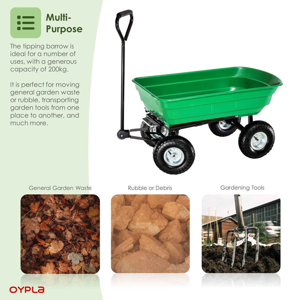 image 1 of Heavy Duty Green Garden Cart with Tipping Barrow Trolley